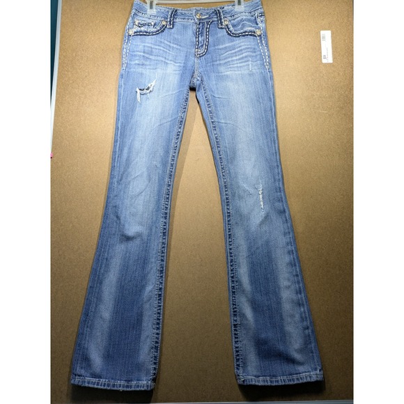 Miss Me Denim - Miss Me Bootcut Distressed Light Wash Jeans Rhinestone Flap Pocket JP55014-13 30